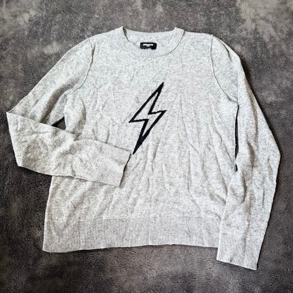 Zadig & Voltaire Gray Lightning Bolt Cashmere Blend Crewneck Sweater Mens Small